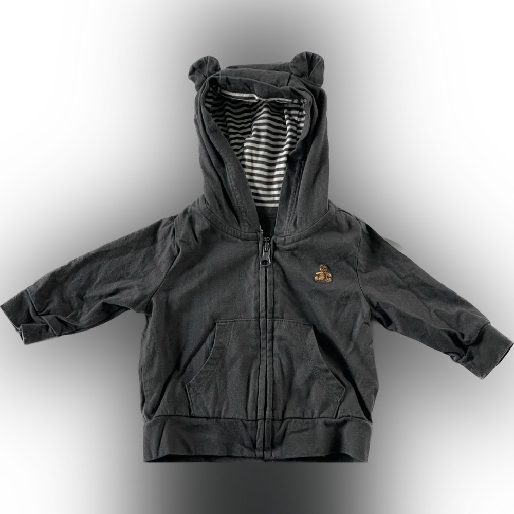 Baby Gap Zip up Hoodie 0-3 Months Gray w White + Gray Striped Hood Bear Ears